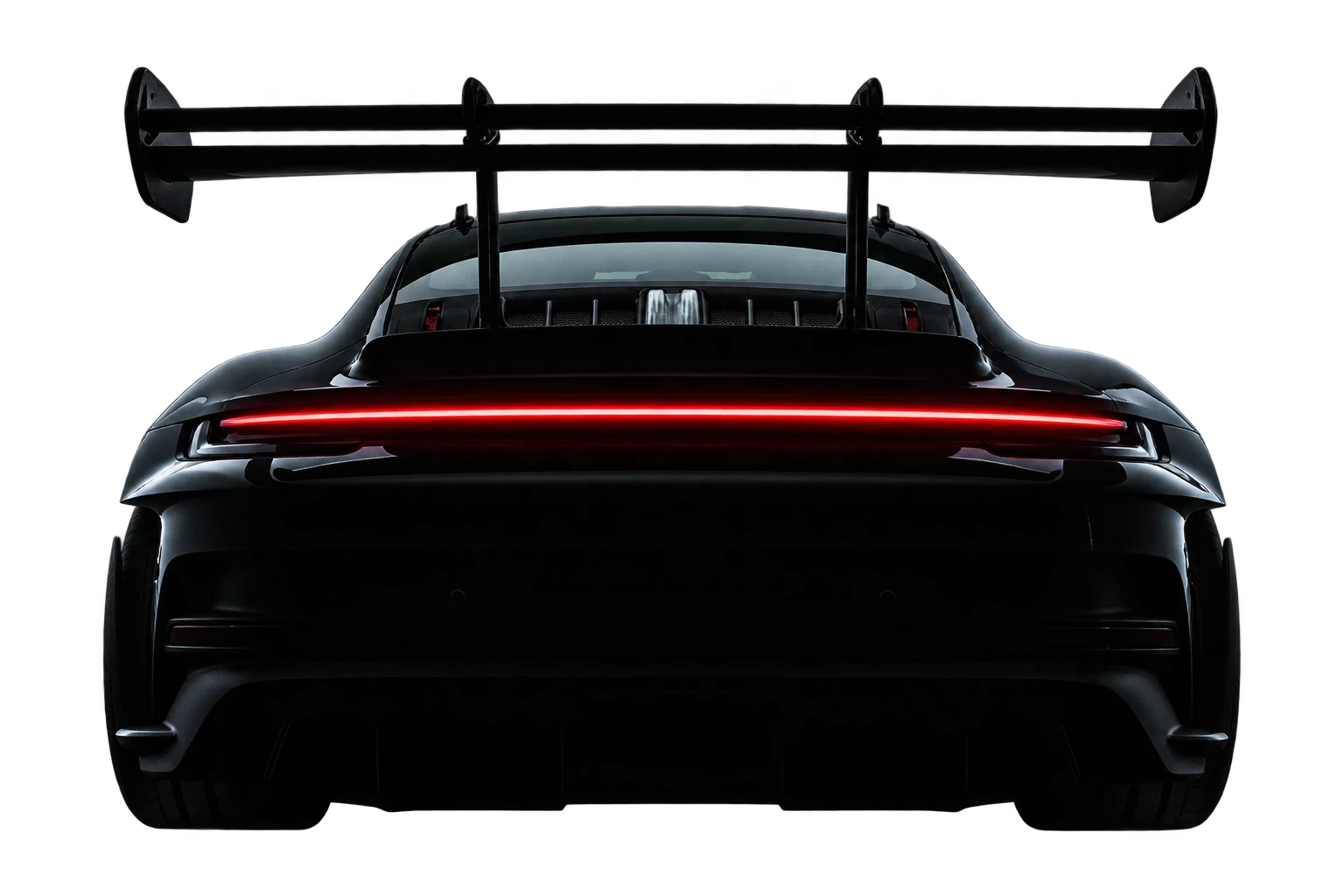Heckansicht eines schwarzen Porsche 911 GT3 RS mit leuchtendem Rücklichtband